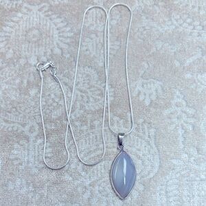Sterling Silver Long Chain Necklace w/ Lace Agate Stone Pendant Calming Peace